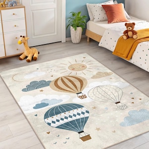 Verträumter Heißluftballon Teppich für Kinder, Kinderzimmer Dekor, Kinderzimmer Dekor