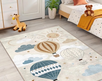 Dreamy Hot Air Balloon Kids Area Rug - Nordic Whimsical Sky Adventure Carpet - Boho Nursery Playroom Mat - Pastel Clouds Toddler Room Decor