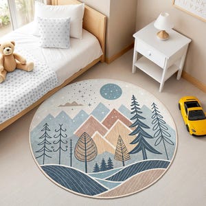 Bergwald Abenteuer Kinderzimmer Rund Teppich - Natur Spielmatte - Blau Grün Wald Kinderzimmer Teppich - Boho Stil Kreis Teppich