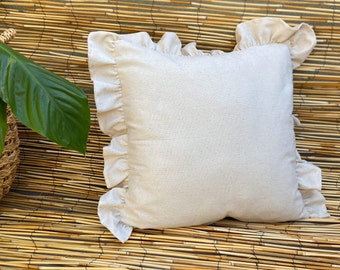 Ruffled Linen Pillowcase, Natural Linen Pillow Cover with Ruffles, Handmade, Home Decor