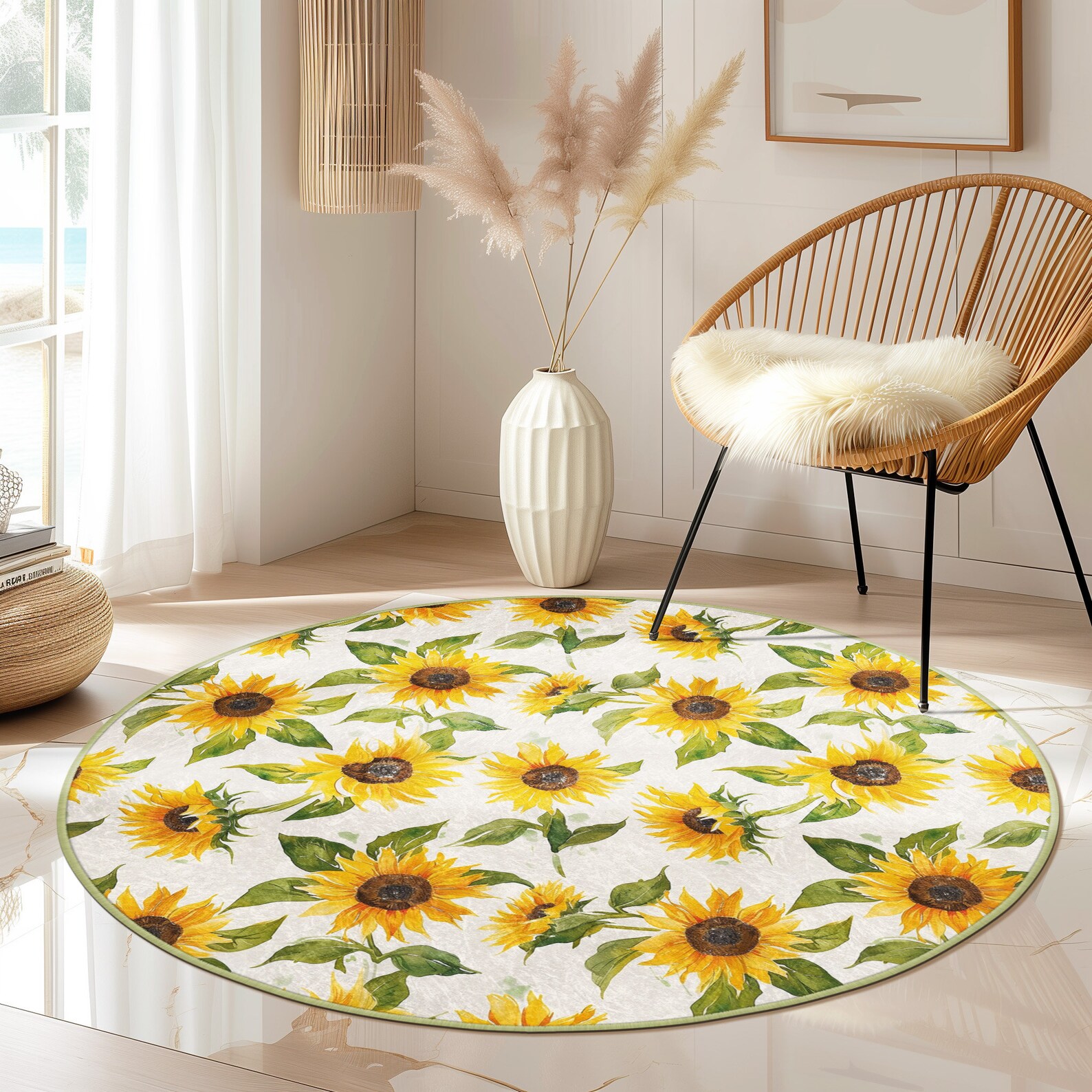 Sunflower Patterned Round Rug, Rugs for Kitchen, Anti-slip Circle ...