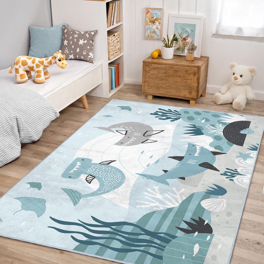 Playful Ocean Shark Kids Rug, Blue Underwater Animal Nursery Decor ...
