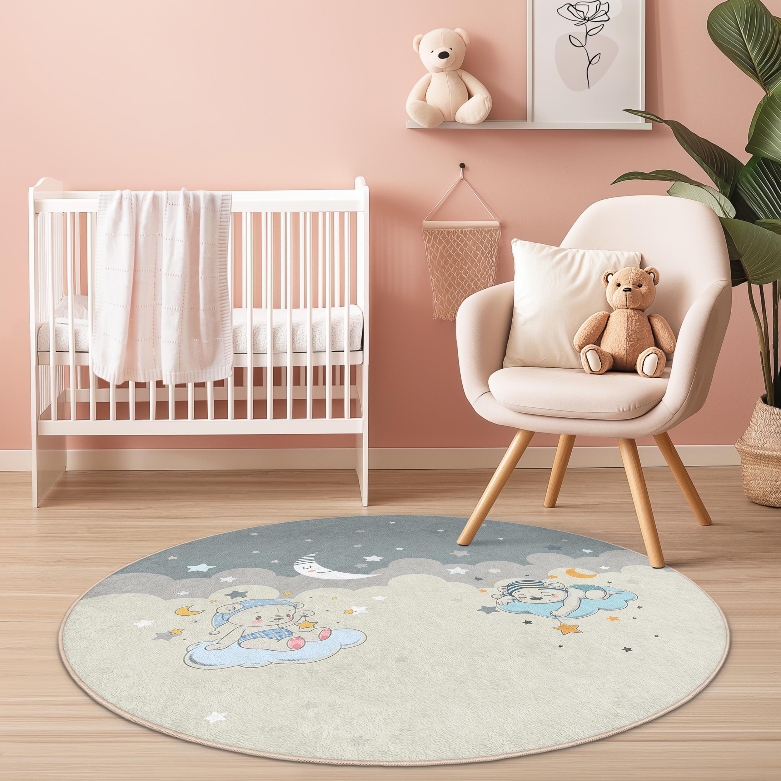 Baby Sleep Rug Round Nursery Rug With Sleeping Baby Bears and Crescent Moon, Soft ...