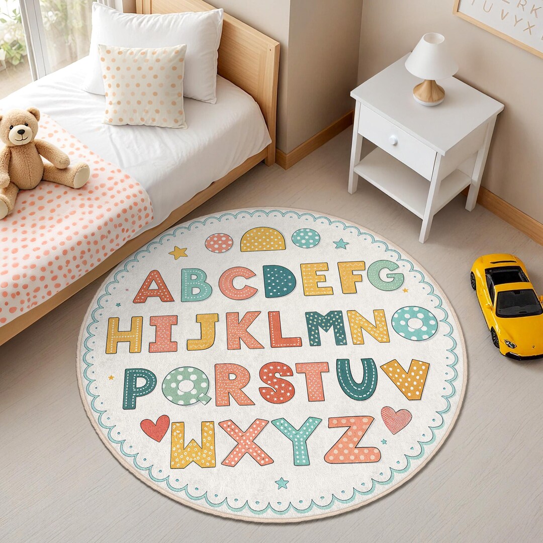 Alphabet Kids Room Round Rug - Colorful ABC Playroom Mat - Educational ...