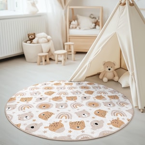 Safari Tiere Rund Teppich, Kinderzimmer Koala Bär Giraffe Gepard Print, Babyzimmer Kreis Teppich, Regenbogen Kinderzimmer Dekor, Kinder Spielzimmer Bodenmatte