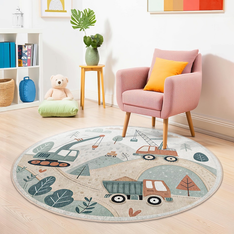 Excavator & Crane Round Kids Rug - Construction Trucks Play Mat - Road ...