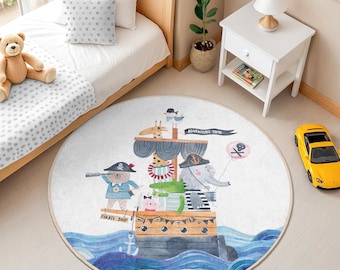 Tapis enfant rond aventure bateau pirate, décoration de chambre d'animaux de safari mignon, tapis de salle de jeux thème océan avec vagues