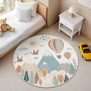 Wunderlicher Heißluftballon- runder Teppich für Kinderzimmer, Bergszene Kinderzimmermatte, Naturthema Spielzimmerdekor, Babypartygeschenk & Kleinkind-Teppich
