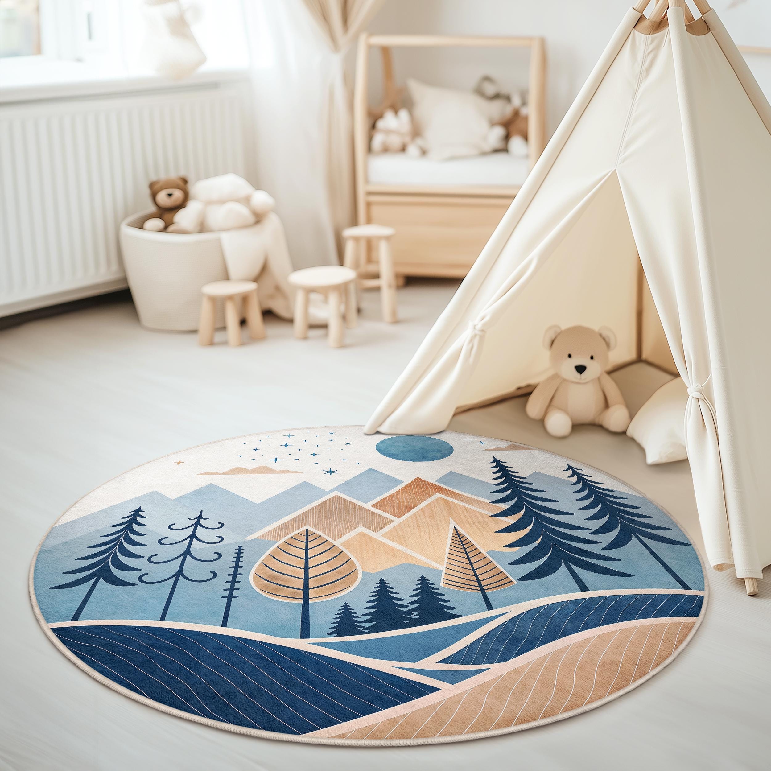 Mountain Forest Adventure Round Kids Room Rug - Nature Theme Play Mat ...