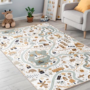 Boho Abenteuer Teppich Kinder Teppich - Neutraler Stadt Safari Spielteppich - Minimalistisches Kinderzimmer Dekor