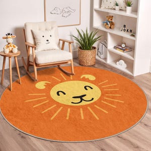 Sunshine Lion Kids Round Rug, Cute Animal Carpet for Nursery, Playful Children’s Room Decor, Soft Orange Lion Design for Kids