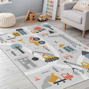 Bouwvrachtwagens speelkleed voor kinderkamer, kinderkamer of speelkamer, jongens wegenkaarttapijt, mat stadsbouwzone en educatief cadeau-idee