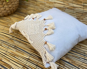 Linen Throw Pillow Cover with Lace and Tassel Detail, Boho Style Cushion Cover, Decorative Pillowcase