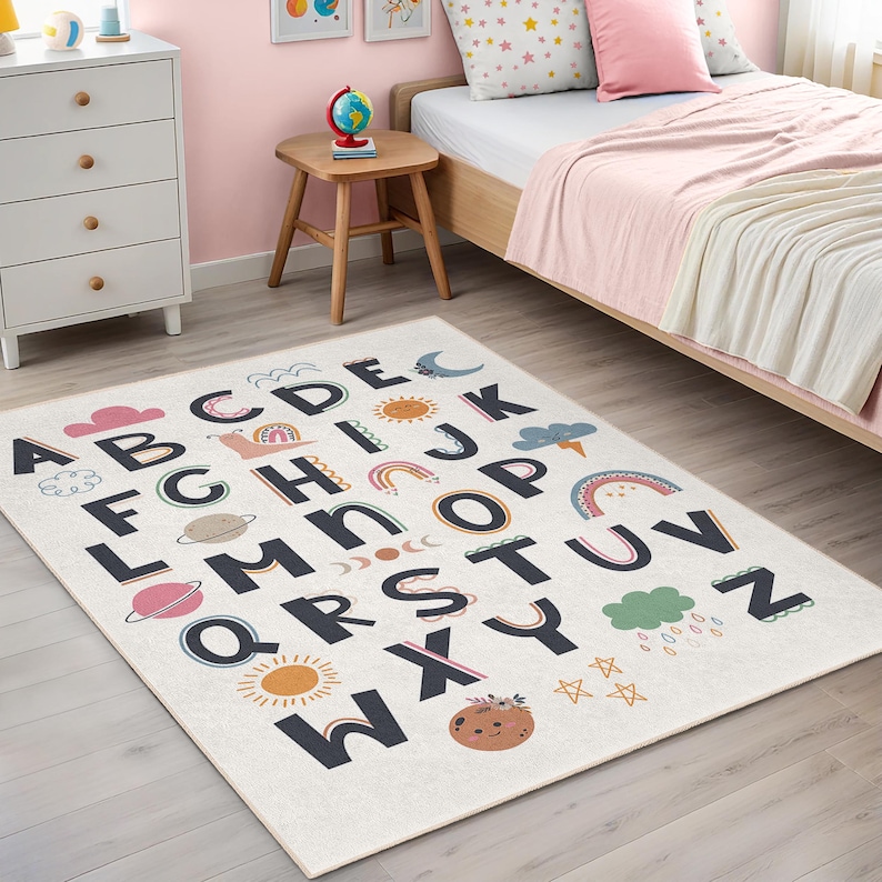 Literacy Rug Alphabet Learning Kids Area Rug - Modern Celestial ABC Nursery Carpet ...