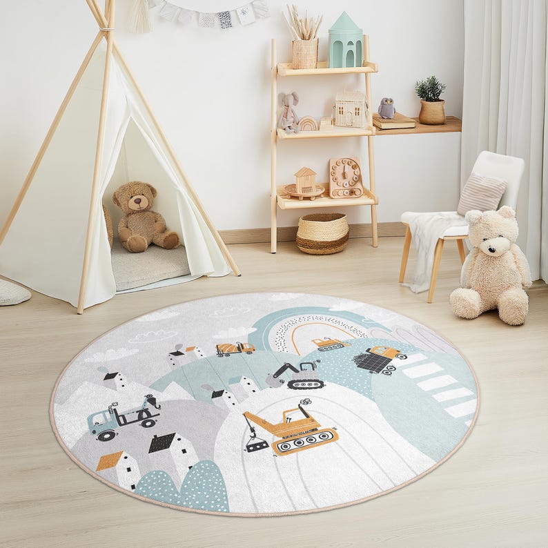 Construction Vehicles Round Kids Rug, Nursery Area Carpet With ...