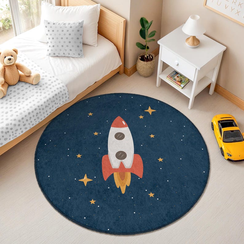 Rocket Space Kids Rug, Round & Rectangular Playroom Carpet for Toddler ...