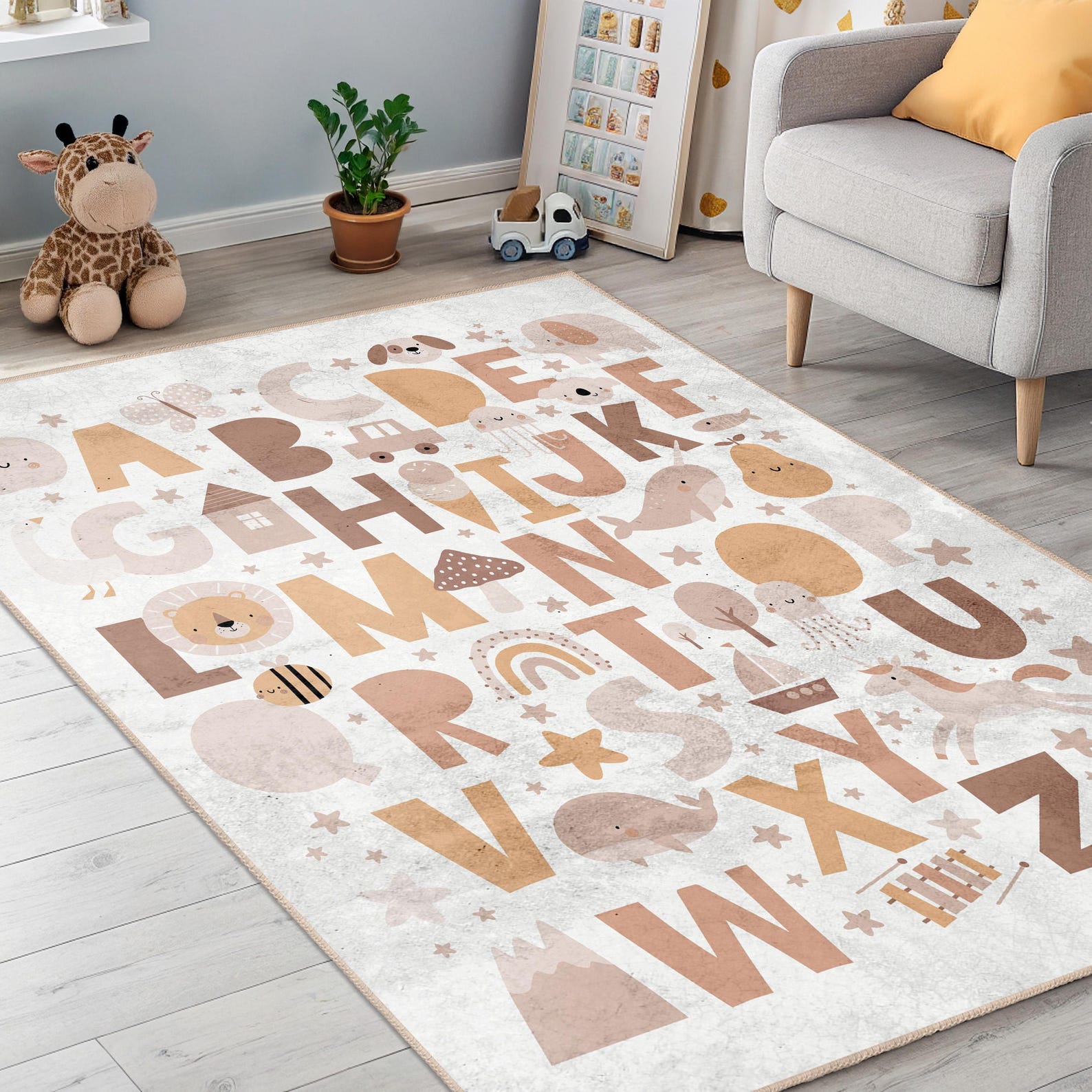 Animal Abc Rug Alphabet Animals Kids Area Rug - Modern Neutral ABC Play Mat for ...