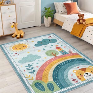 Bunter Regenbogen Kinderteppich - Süßer Tierentwurf Teppich, Spielzimmer Akzent Matte - Fröhliche Kinderzimmer Dekor - Kinderzimmer Teppich