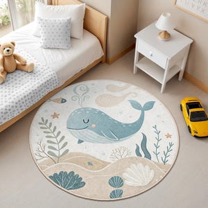 Unterwasser Wal Runde Kinder Teppich - Ozean Themed Kinderzimmer Teppich für Spielzimmer oder Kleinkind Zimmer - Sea Life rutschfest waschbar Matte blau beige