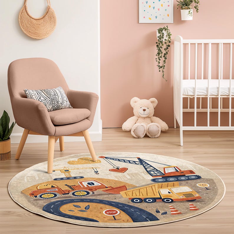 Building Play Room Rug Construction Site Round Kids Rug - Playroom Carpet With Trucks and ...