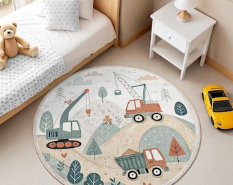 Excavator & Crane Round Kids Rug - Construction Trucks Play Mat - Road Adventure Nursery Carpet - Non-Slip Playroom Rug - Boys Room Decor
