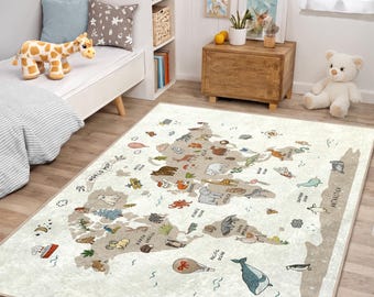 Educational World Map Kids Rug, Rectangle Aqua Blue or Beige Animal Learning Play Mat, Non-Slip Nursery Carpet, Children's Room Decor Gift