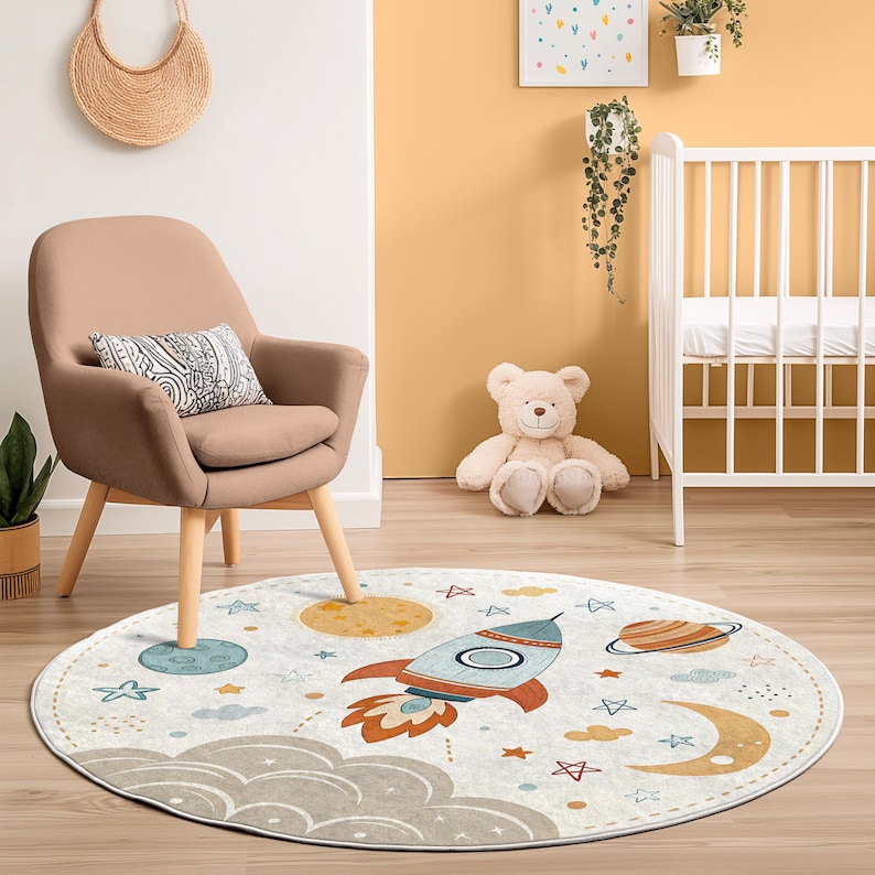 Rocket Circular Rug Space Rocket Round Kids Rug - Outer Space Playroom Carpet - Planet and ...