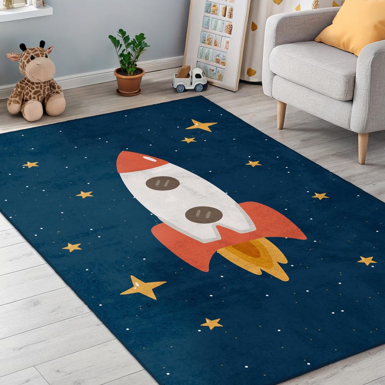 Rocket Space Kids Rug, Round & Rectangular Playroom Carpet for Toddler ...