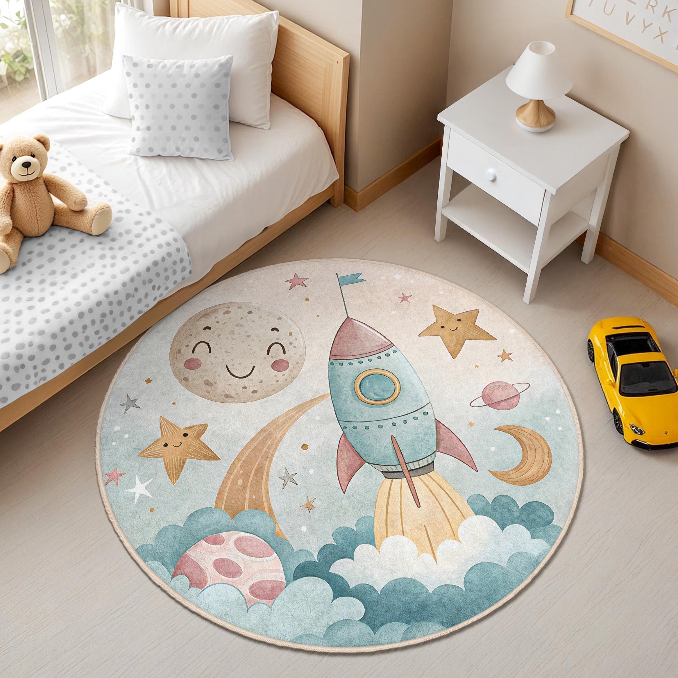 Rocket Circular Rug Outer Space Rocket Round Kids Rug - Astronaut Nursery Carpet for ...