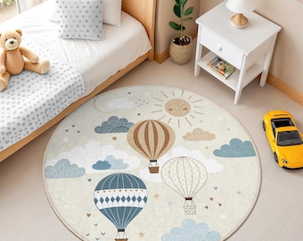 Sky Journey Nursery Round Rug - Neutral Tones Circle Rug - Hot Air Balloon Kids Room Carpet - Cloud Playroom Mat - Adventure Theme Decor