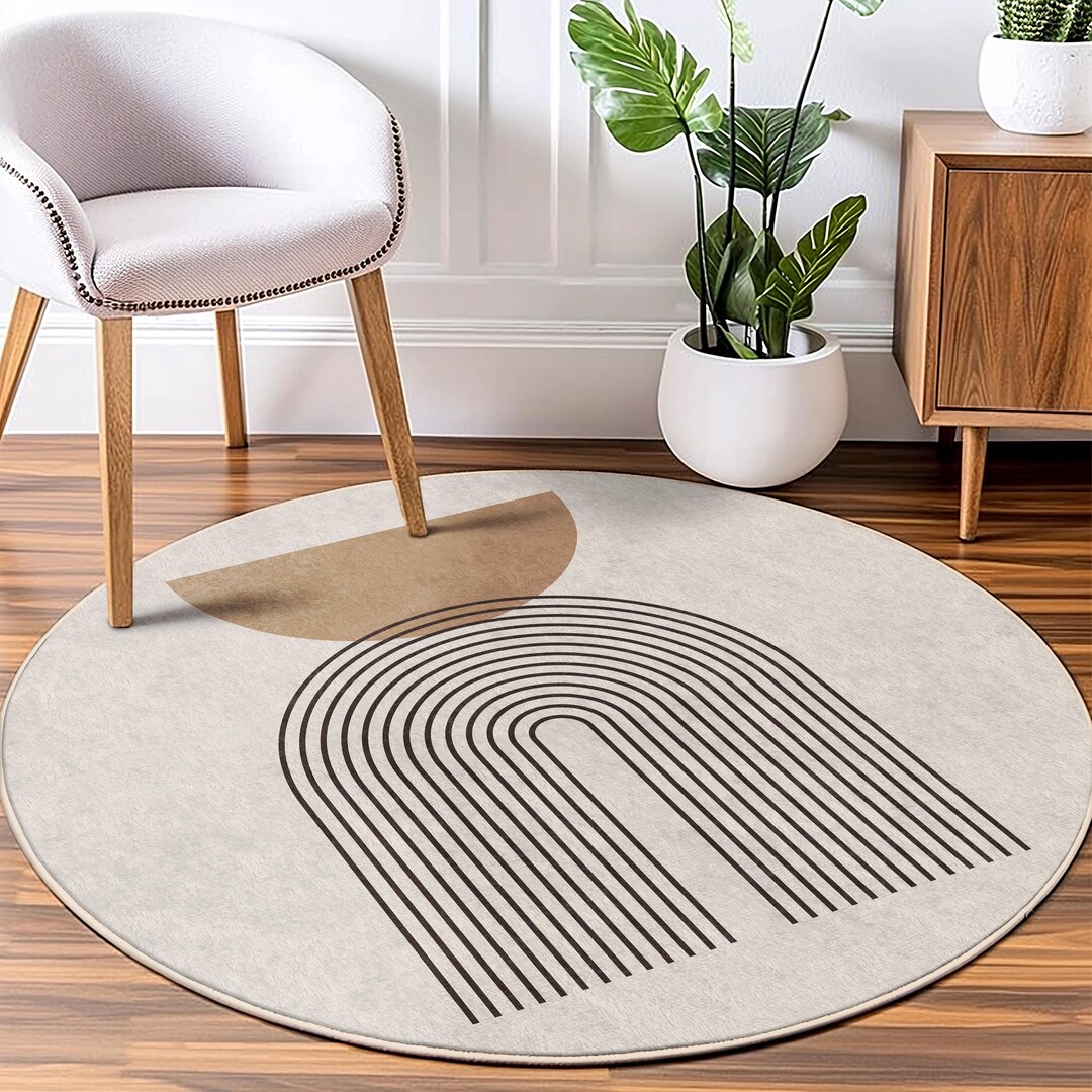 Boho Round Modern Boho Round Rug With Abstract Arch and Geometric Shapes ...