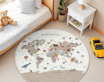 Round World Map Rug with Animals for Kids Room - Educational Playmat for Toddlers - Learning Nursery Rug - Playroom Floor Decor Mat
