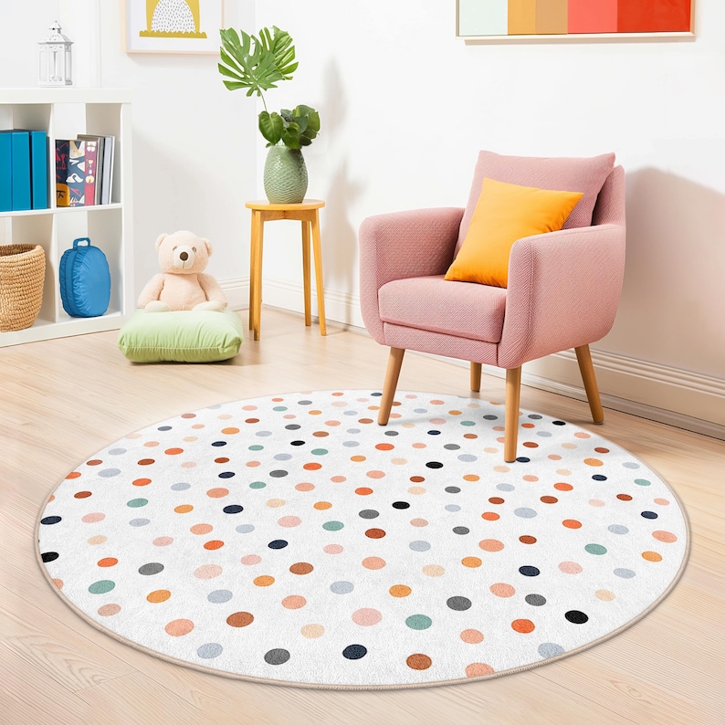Polka Dot Round Rug, Modern Nursery Playmat, Scandinavian Kids Room ...
