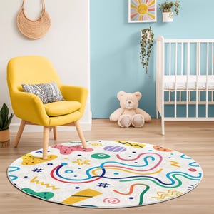 Bunt Gekritzel Kinderteppich | Runder Kinderzimmer Spielzimmer Teppich | Kinderzimmer Bodenmatte | Farbenfrohe Geometrische Kinder-Deko
