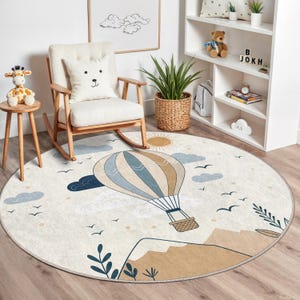 Heißluftballon Runder Kinderteppich - Boho Berge Kinderzimmer Dekor - Skandinavischer Spielzimmer Teppich