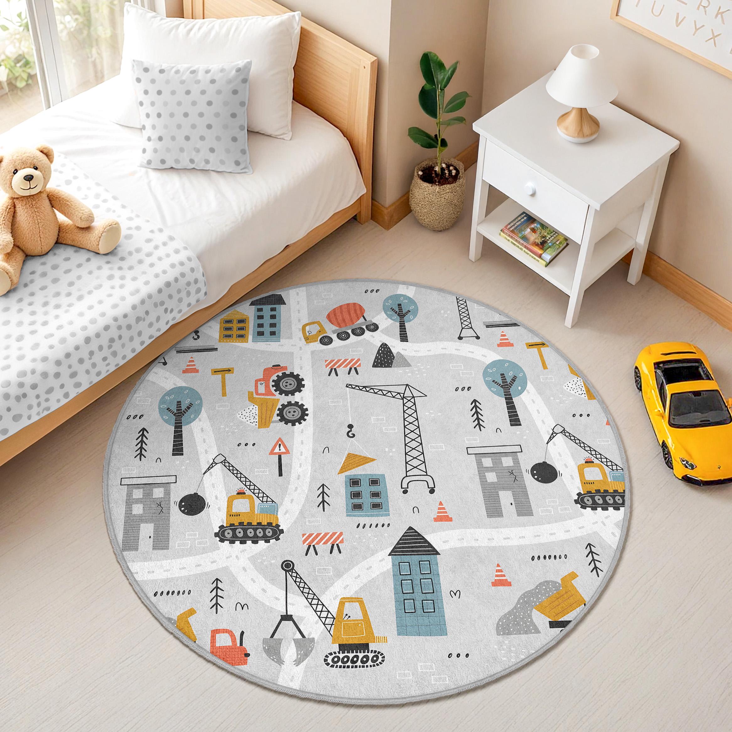 Round Construction Site Kids Rug - Building Trucks and Cranes Nursery ...