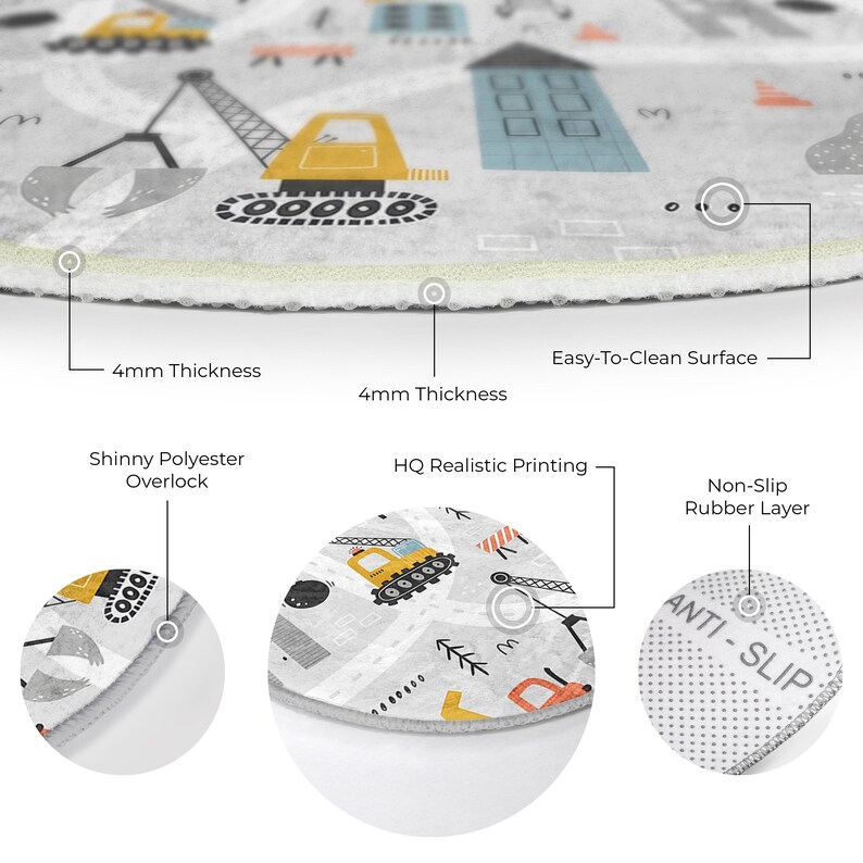 Round Construction Site Kids Rug - Building Trucks and Cranes Nursery ...