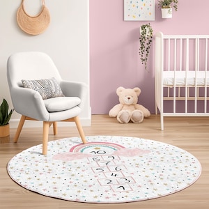 Pastel Rainbow Hopscotch Round Rug - Pastel Rainbow and Stars Kids Carpet - Fun Indoor Jumping Game Play Room Mat - Non-Slip Nursery Decor