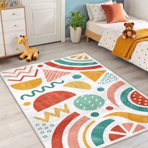 Colorful Geometric Kids Area Rug – Modern Playroom Rectangle Mat- Abstract Nursery Decor - Washable Non-Slip Carpet for Toddler Room