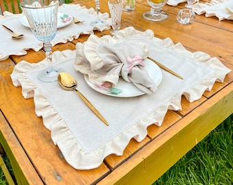 Ruffled Linen Placemats, Table Placemats with Ruffle, Rustic Dining Placemat Set for Thanksgiving, Linen Place Mats, Placemat Set of 4