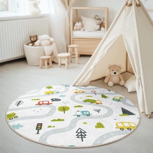 Rond tapijt met wegenkaart voor kinderen, kinderkamer speelkamer tapijt auto en verkeer, modern decor kinderkamer, educatieve speelmat stadskaart