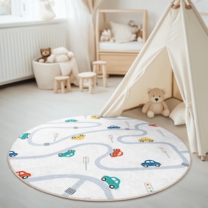 Kinderkamertapijt met auto's en verkeerskaart, rond tapijt met wegenkaart voor kinderen, tapijt met wegenkaart voor kinderen, vloermat speelkamer, decoratie babykamer