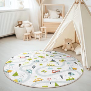 Runder Kinderteppich, Bunte Auto-Laufteppiche für das Spielzimmer, Grau-Grün-Gelber Teppich für Kinderzimmer-Dekor