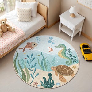 Unterwasser Ozean runder Kinder Teppich - Sea Life Spielzimmer Teppich - Marine Thema Kindergarten Bodenmatte - Seepferdchen und Schildkröte Kreis Teppich
