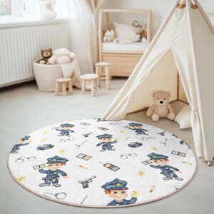 Cartoon politietapijt voor kinderen - wetshandhaving thema kinderkamermat - jongens speelkamer rond tapijt - detective verjaardagsdecoratie en fantasierijk cadeau