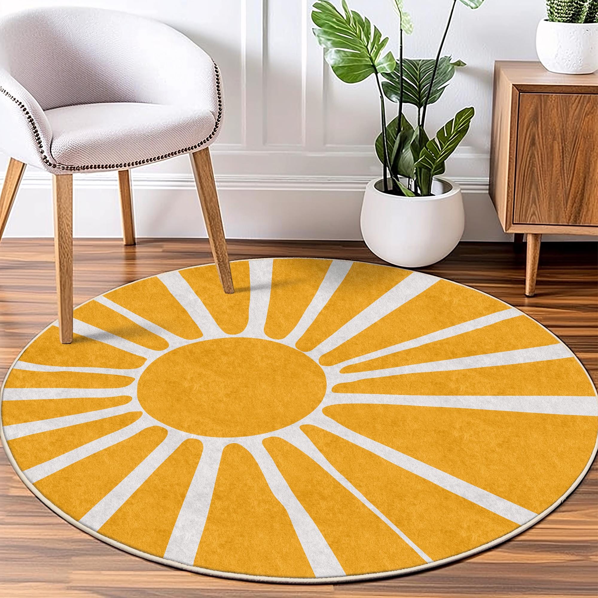 Sunshine Rug Retro Sunshine Rug, Mid-century Modern Round Area Carpet, Vintage ...
