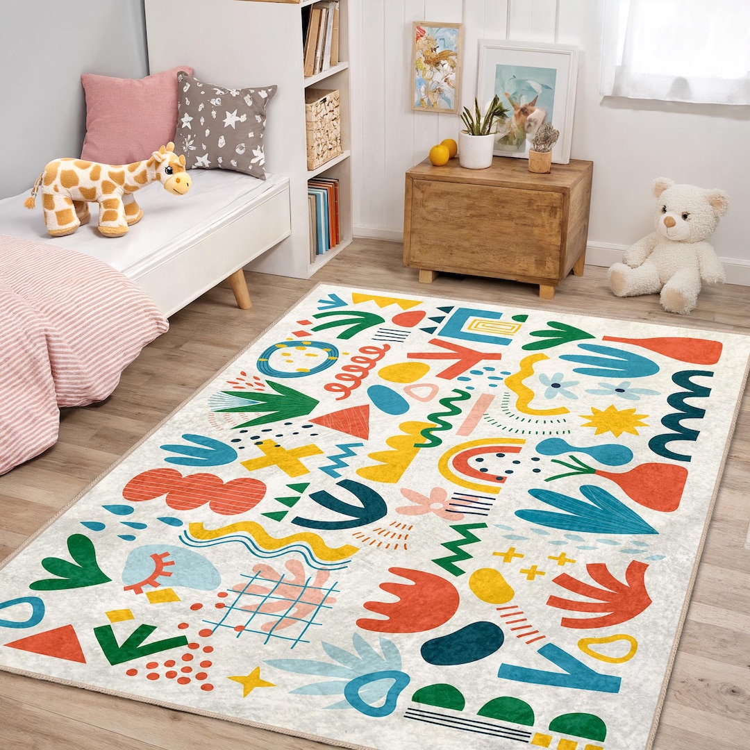 Abstract Shapes Kids Area Rug - Modern Geometric Nursery Carpet ...
