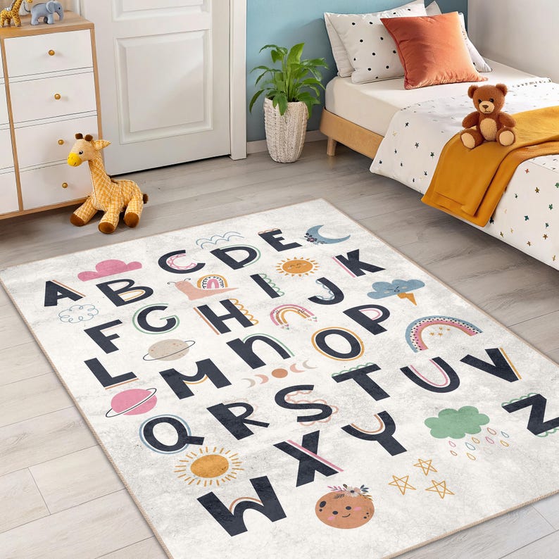 Alphabet Learning Kids Area Rug - Modern Celestial ABC Nursery Carpet ...