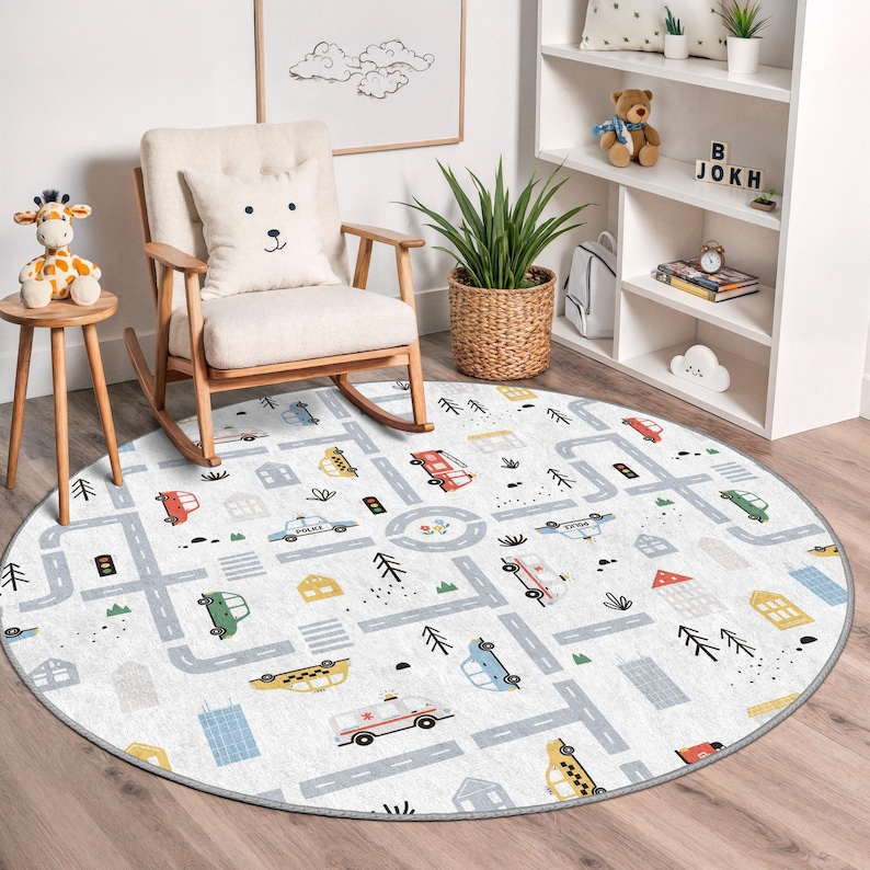 City Road Map Kids Round Rug - Vehicle Traffic Play Mat - Educational ...