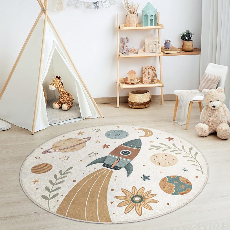 Rocket Circular Rug Space Adventure Round Rug - Rocket Ship and Planets Kids Carpet - Outer ...